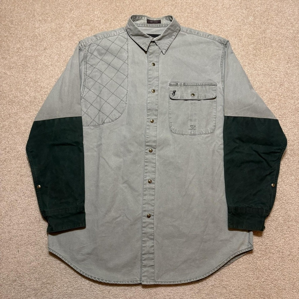 Vtg Browning Shirt‎ Mens Large Gray Quilted Shooting Snap Button Hunting Outdoor